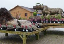 Kunst og uteplanter i et engelsk hagesenter